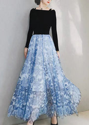 Plus Size Blue Print High Waist Exra Large Hem Tulle Skirts Spring