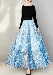 Plus Size Blue Print High Waist Exra Large Hem Tulle Skirts Spring