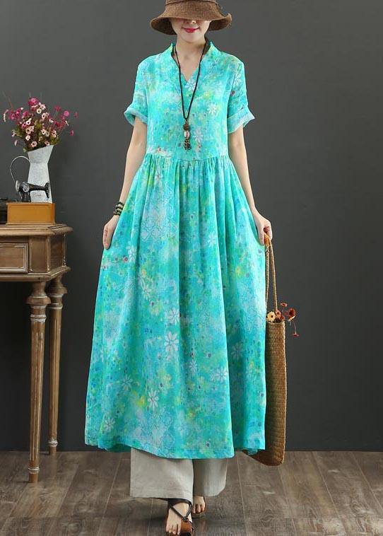 Plus Size Blue Print Linen A Line Summer Holiday Dress - SooLinen