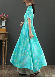 Plus Size Blue Print Linen A Line Summer Holiday Dress - SooLinen