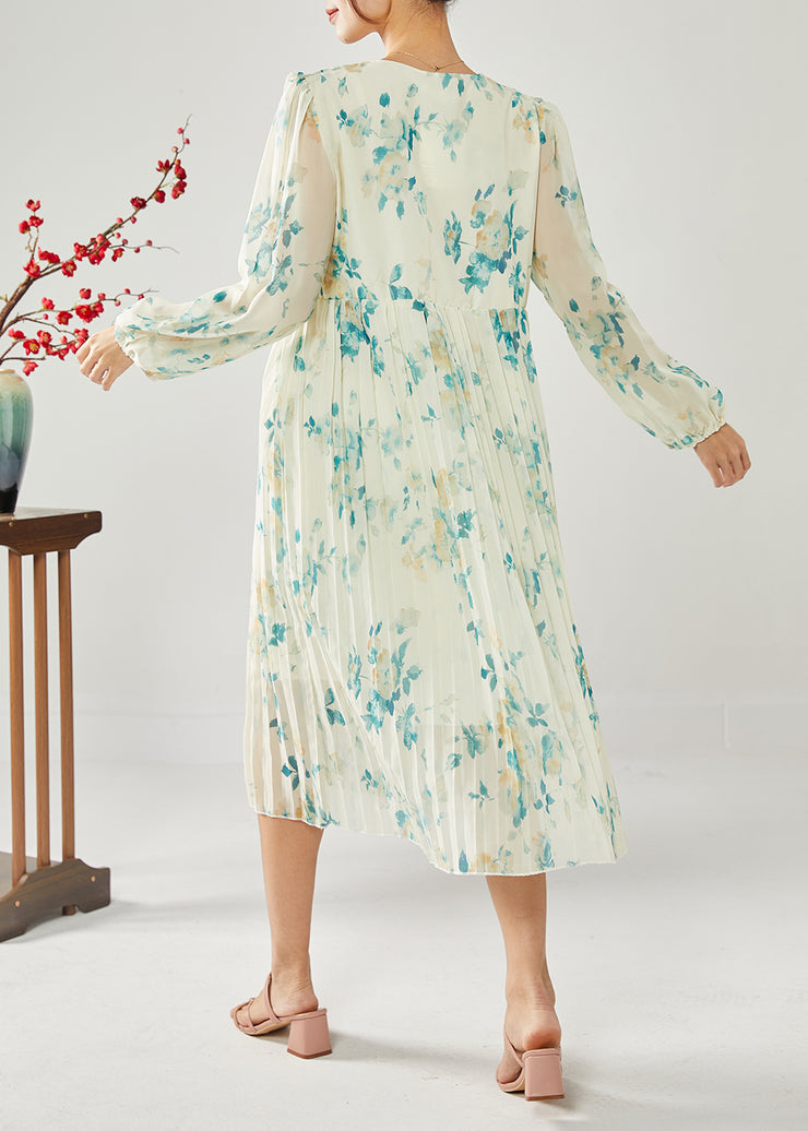 Plus Size Blue Print Patchwork Ruffles Wrinkled Chiffon Long Dress Spring