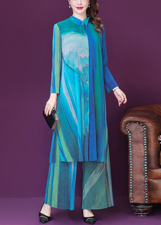 Plus Size Blue Print Side Open Silk Long Shirt And Wide Leg Pants Two Pieces Set Spring