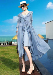 Plus Size Blue Ruffled Asymmetrical Patchwork Silk Vacation Dresses Summer
