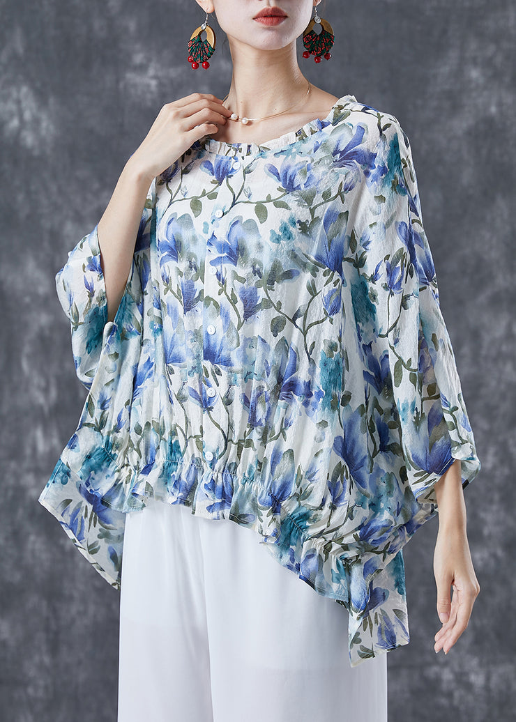 Plus Size Blue Ruffled Print Cotton Shirt Tops Batwing Sleeve