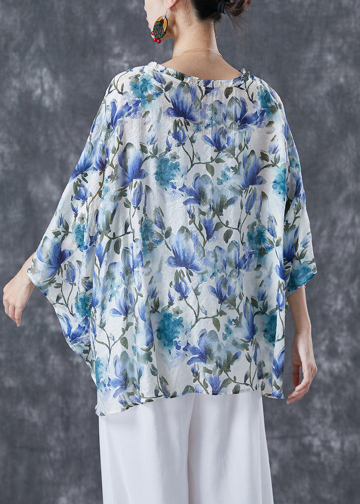 Plus Size Blue Ruffled Print Cotton Shirt Tops Batwing Sleeve