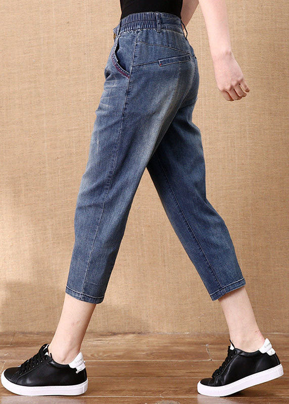 Plus Size Blue Solid Elastische Taillentaschen Cotton Denim Crop Pants Sommer