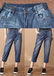 Plus Size Blue Solid Elastic Waist Pockets Cotton Denim Crop Pants Summer