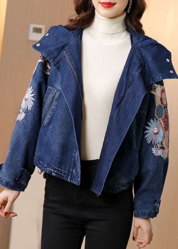Plus Size Blue Stand Collar Embroidered Denim Coats Spring