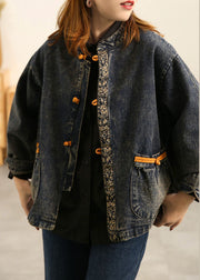 Plus Size Blauer Stehkragen Orientalische Knopftaschen Patchwork-Baumwoll-Denim-Mantel Outwear Langarm