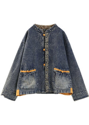 Plus Size Blue Stand Collar Oriental Button Pockets Patchwork Cotton Denim Coat Outwear Long Sleeve