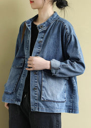 Plus Size Blue Stand Collar Patchwork Button Denim Coats Long Sleeve