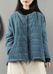 Plus Size Blue Stand Collar Pockets Fine Cotton Filled Coats Winter