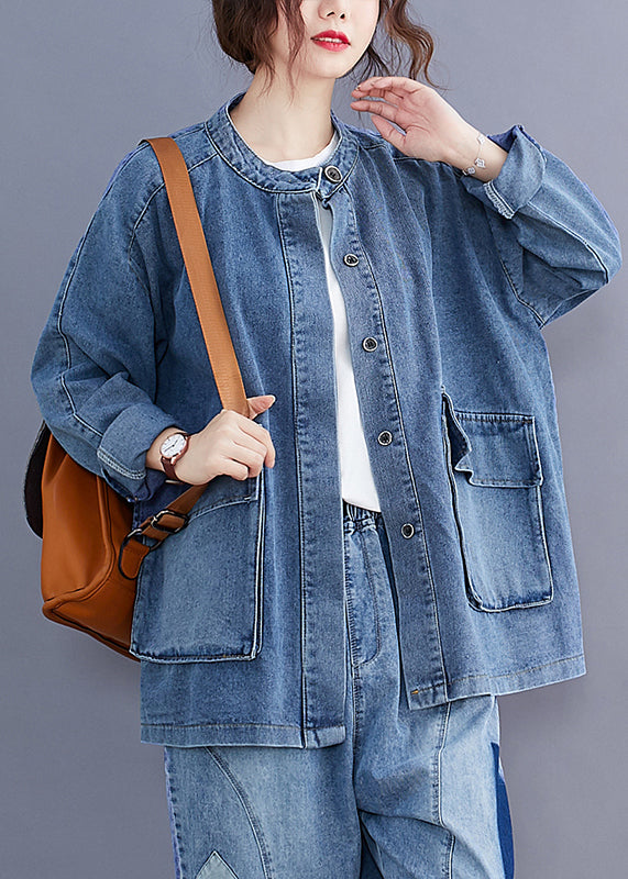 Plus Size Blue Stand Collar Pockets Patchwork Denim Coats Fall