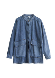Plus Size Blue Stand Collar Pockets Patchwork Denim Coats Fall
