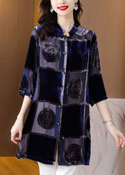 Plus Size Blue Stand Collar Print Patchwork Velour Shirt Fall