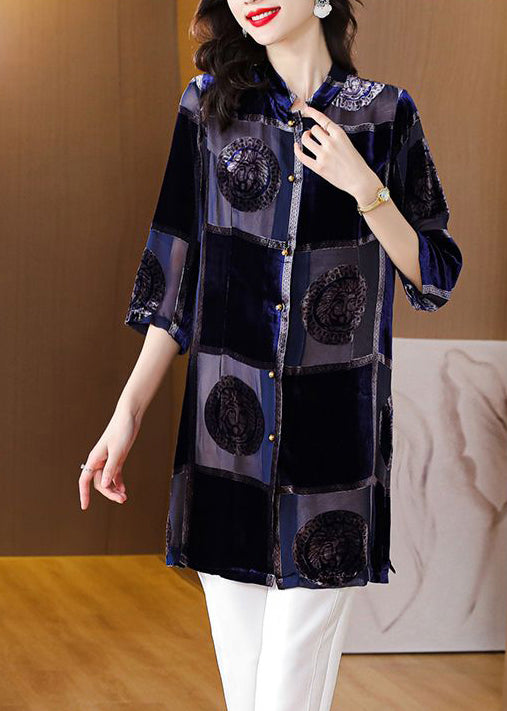 Plus Size Blue Stand Collar Print Patchwork Velour Shirt Fall