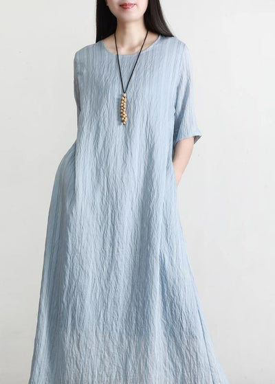 Plus Size Blue Striped Pockets Robe Summer Cotton Dress - SooLinen