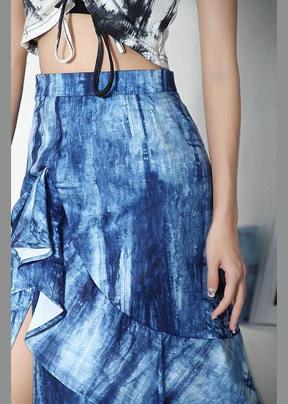 Plus Size Blue Tie Dye Asymmetrical design Ruffles Skirts - SooLinen