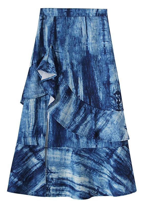 Plus Size Blue Tie Dye Asymmetrical design Ruffles Skirts - SooLinen