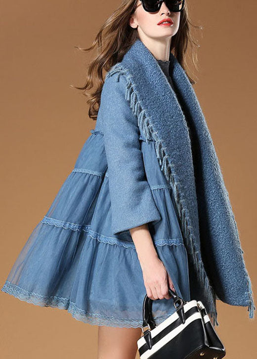 Plus Size Blue Tulle Patchwork tasseled Fall Woolen Coat