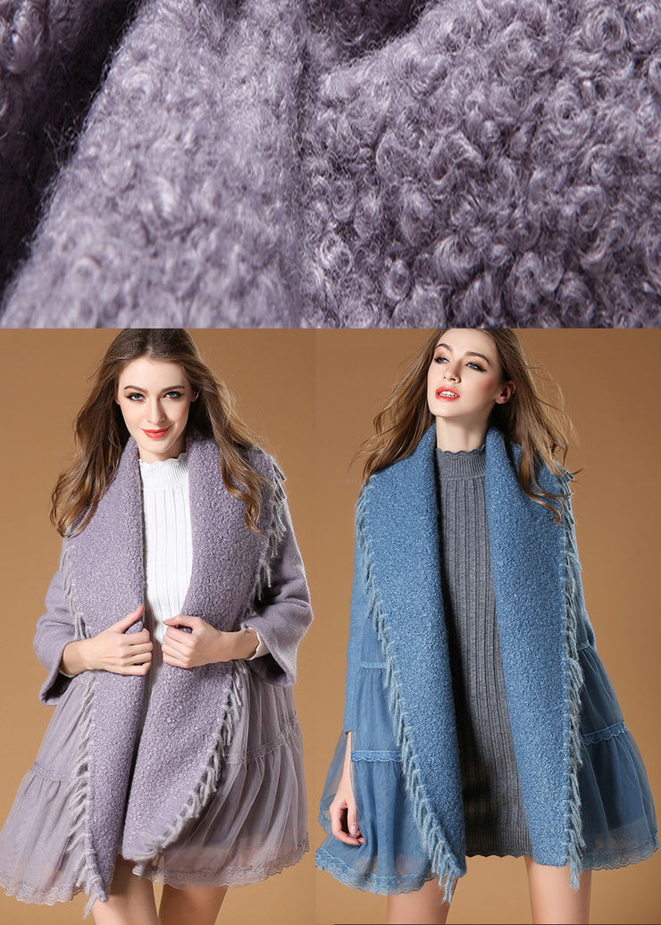 Plus Size Blue Tulle Patchwork tasseled Fall Woolen Coat