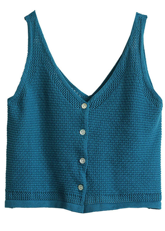 Plus Size Blue V Neck Button Fall Knit Vest