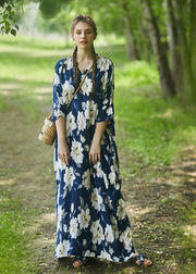 Plus Size Blue V Neck Floral Cotton Robe Dress Summer