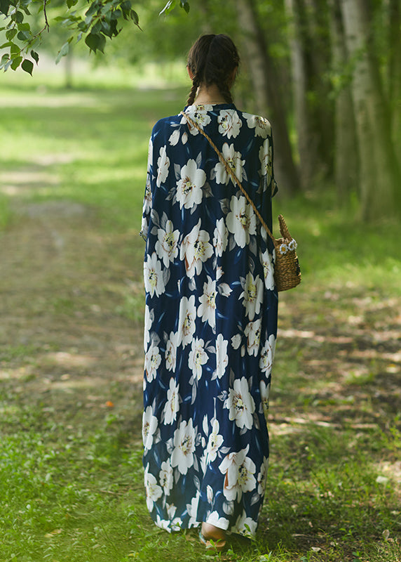 Plus Size Blue V Neck Floral Cotton Robe Dress Summer