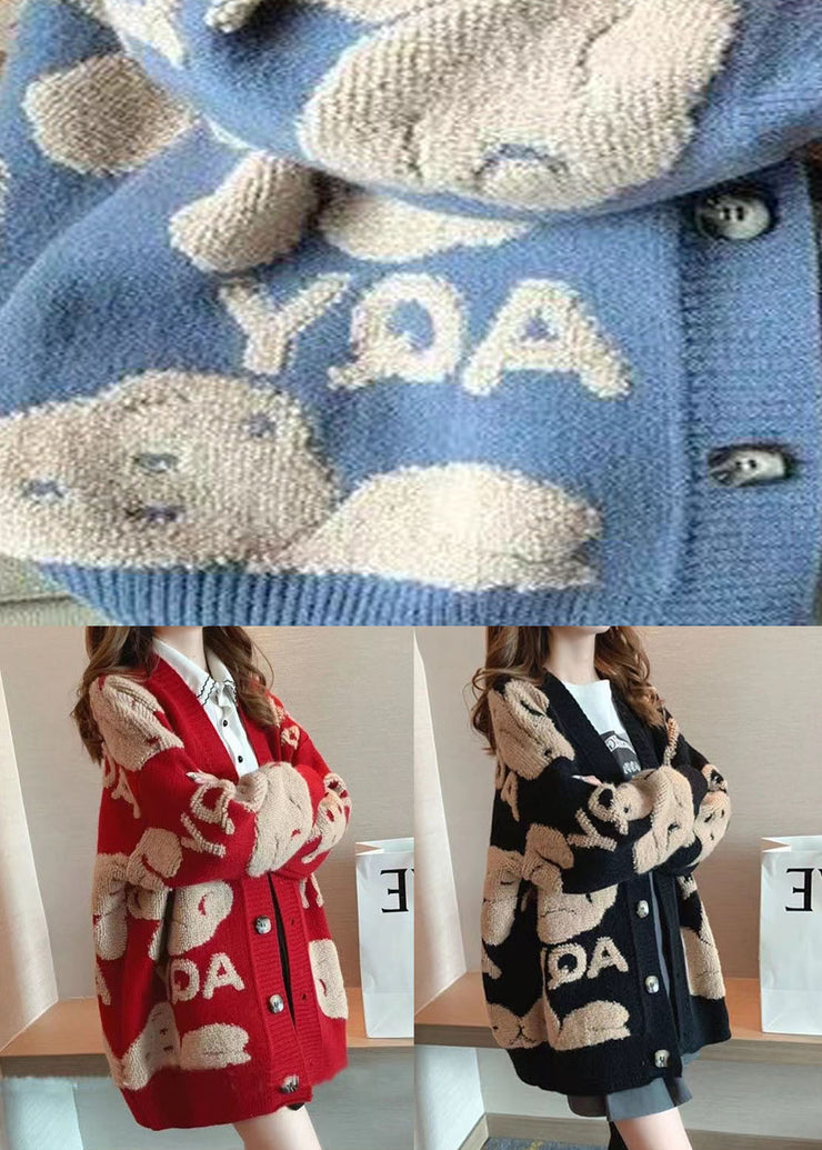 Plus Size Blue V Neck Jacquard Knit Cardigans Winter