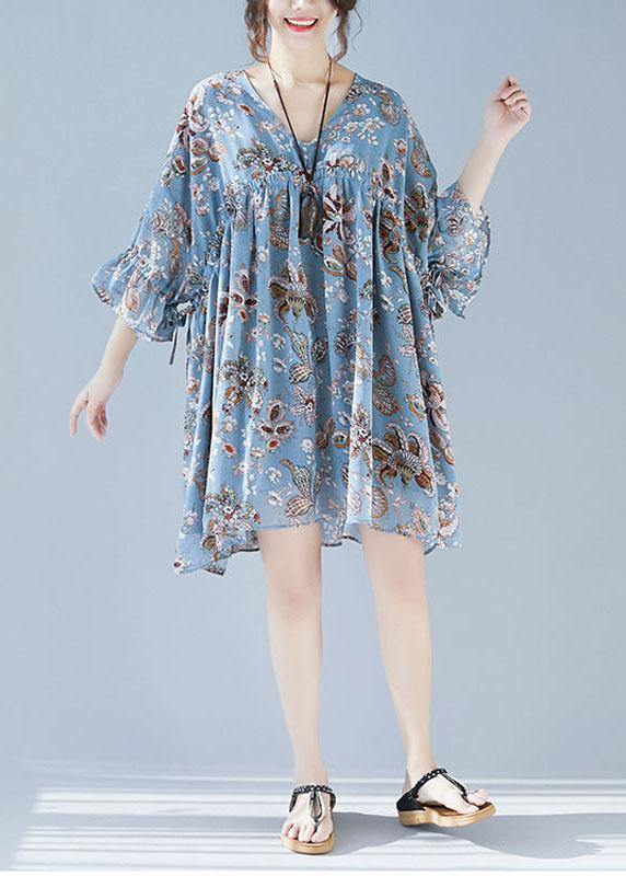 Plus Size Blue V Neck Loose Print Summer Chiffon Long Dresses Half Sleeve - SooLinen
