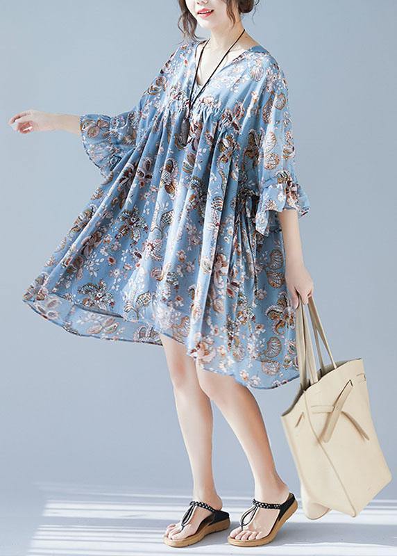 Plus Size Blue V Neck Loose Print Summer Chiffon Long Dresses Half Sleeve - SooLinen