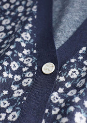 Plus Size Blue V Neck Print Button Knit Cardigans Spring