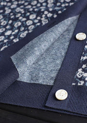 Plus Size Blue V Neck Print Button Knit Cardigans Spring