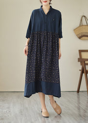 Plus Size Blue V Neck Print Patchwork Button Cotton Long Dresses Summer