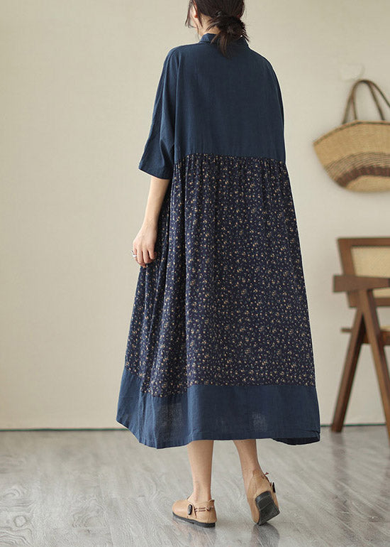 Plus Size Blue V Neck Print Patchwork Button Cotton Long Dresses Summer