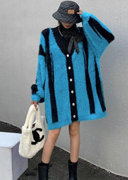 Plus Size Blue V Neck Striped Mink Hair Knitted Cardigan Winter