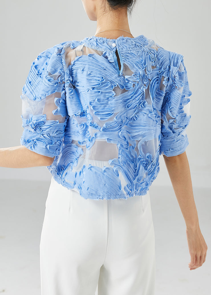 Plus Size Blue Wrinkled Hollow Out Tulle Shirts Summer