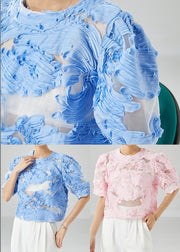 Plus Size Blue Wrinkled Hollow Out Tulle Shirts Summer