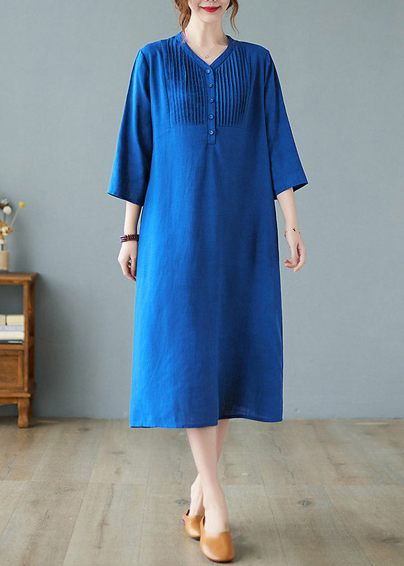 Lange Kleider aus blauem, zerknittertem Leinen in Übergröße mit halben Ärmeln