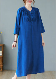 Plus Size Blue Wrinkled Linen Long Dresses Half Sleeve