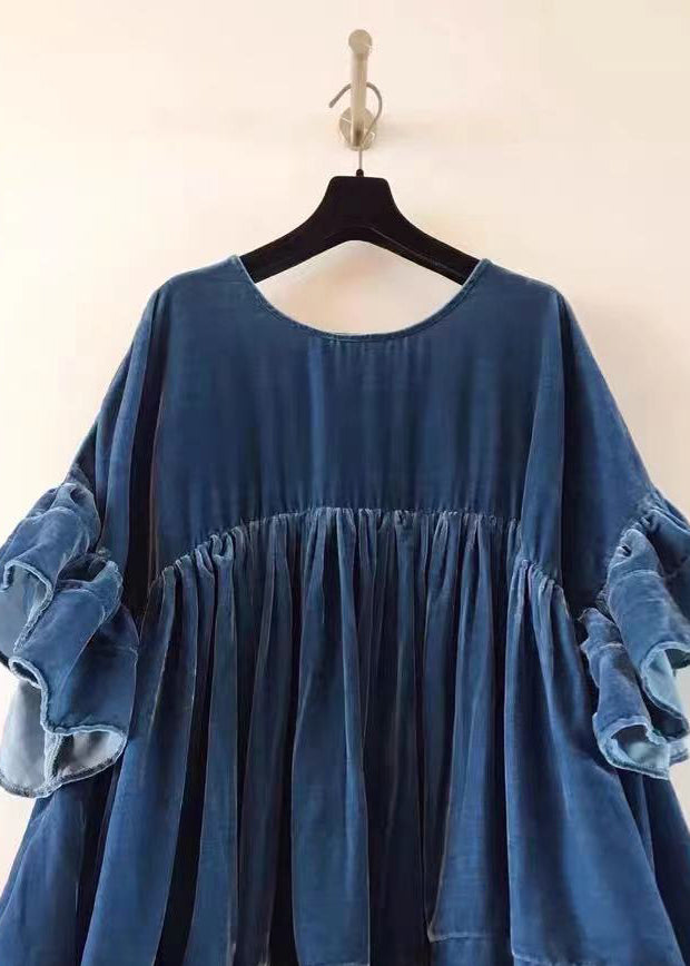 Plus Size Blue Wrinkled Patchwork Velour Short Dress Butterfly Sleeve