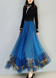 Plus Size Blue Wrinkled Print Elastic Waist Tulle Skirt Spring