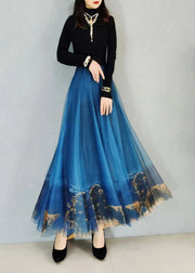 Plus Size Blue Wrinkled Print Elastic Waist Tulle Skirt Spring