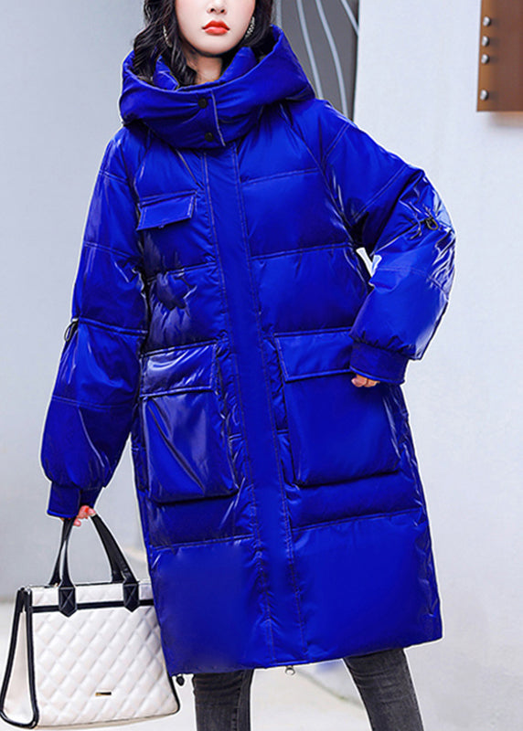 Plus Size Blue Zippered Pockets Warm Fleece Bright Hooded Parka Long Sleeve