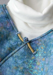 Plus Size Blue button V Neck Print Fine Cotton Filled coats Winter