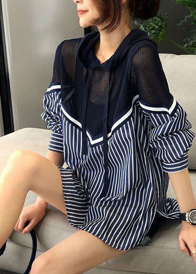 Plus Size Blue drawstring Hooded knit Patchwork Striped Blouse Top Spring