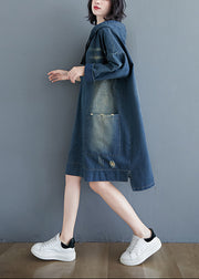 Plus Size Blue drawstring Hooded pocket Denim Dress Long Sleeve
