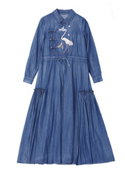 Plus Size Blue drawstring wrinkled Peter Pan Collar Embroidered Patchwork Cotton Maxi Dresses Long Sleeve