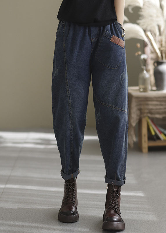 Plus Size Blue elastic waist pockets Cotton denim Pants Spring