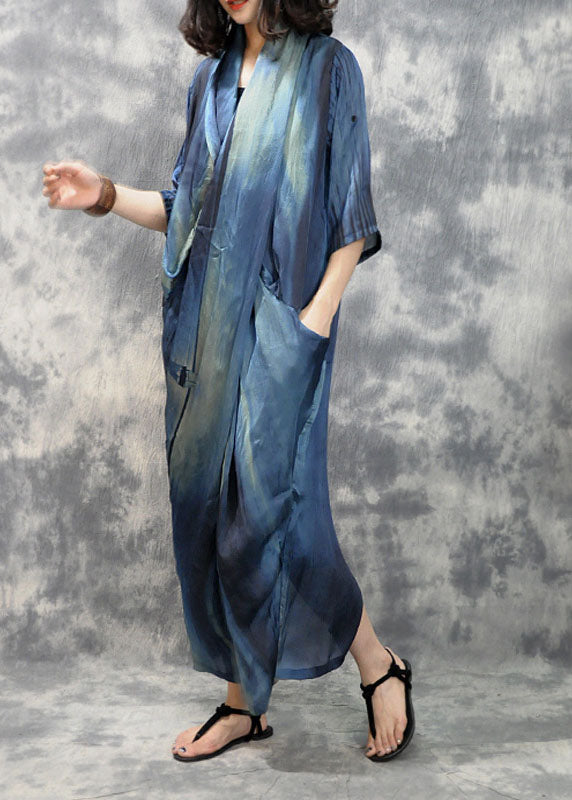 Plus Size Blue retro asymmetrical design Pockets Fall Maxi Dresses Half Sleeve